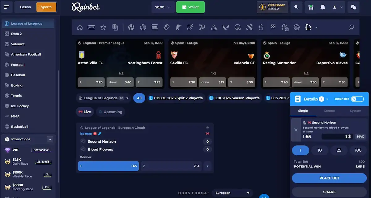 Rainbet League of Legends market with Second Horizon selected at 1.65 odds and a $1 stake entered in an unsubmitted betslip.
