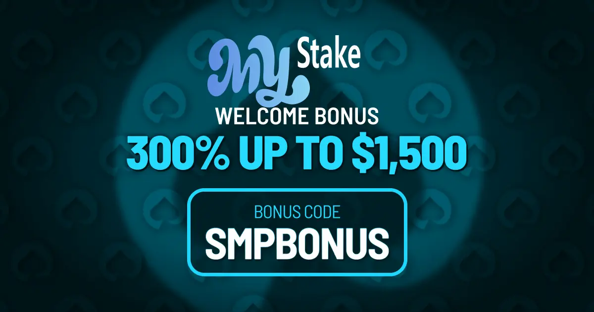 MyStake Casino review banner: SMPBONUS code and advertised 300% welcome bonus up to $1,500.
