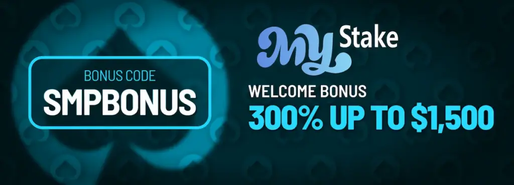 MyStake Casino review banner: SMPBONUS code and advertised 300% welcome bonus up to $1,500.