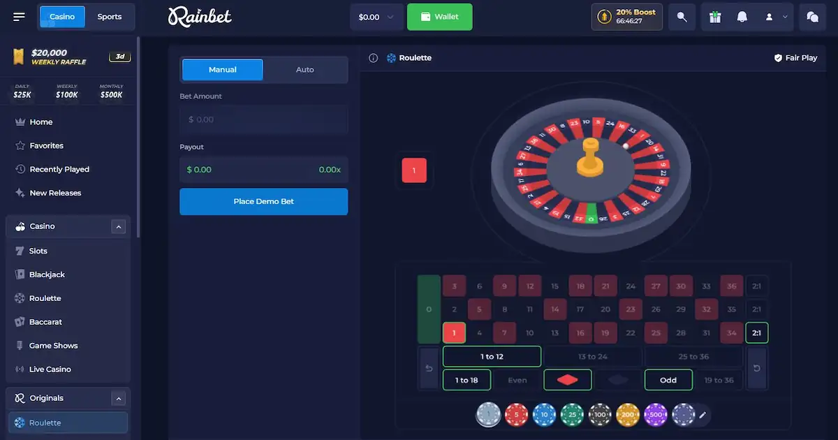 Rainbet Originals Roulette showing the wheel, betting grid, chip values, Manual and Auto controls and Fair Play link.