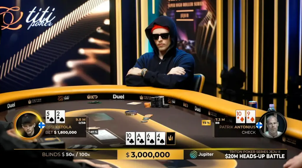 Picture of the $20 million heads-up match. Ossi Ketola bets $1.8 million with five-high against Patrik Antonius