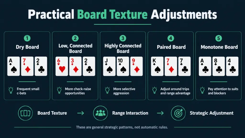 Practical poker board texture adjustments showing dry, connected, paired, and monotone flop examples