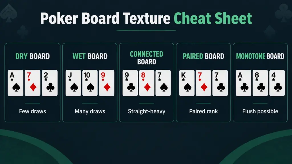 Poker board texture cheat sheet showing dry, wet, connected, paired, and monotone boards
