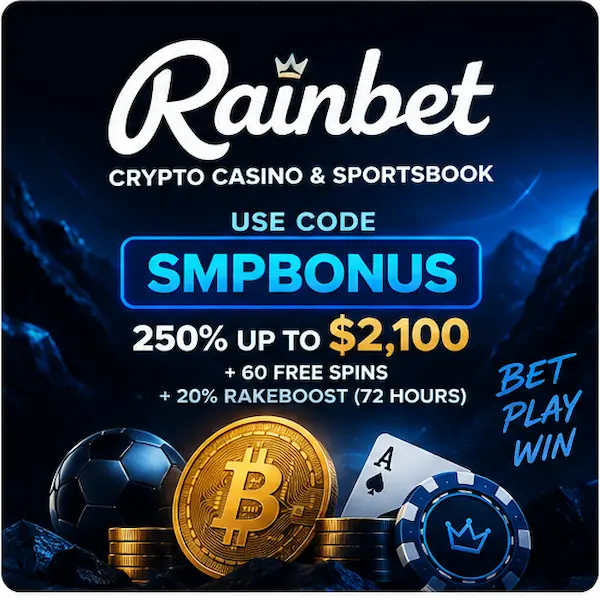 Rainbet casino review graphic featuring SMPBONUS, a 250% offer up to $2,100, 60 free spins and a 20% RakeBoost.