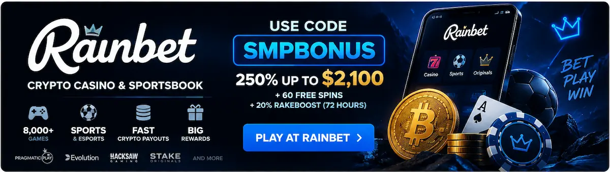 Rainbet banner with SMPBONUS code, 250% up to $2,100, 60 free spins and a 20% RakeBoost for 72 hours.