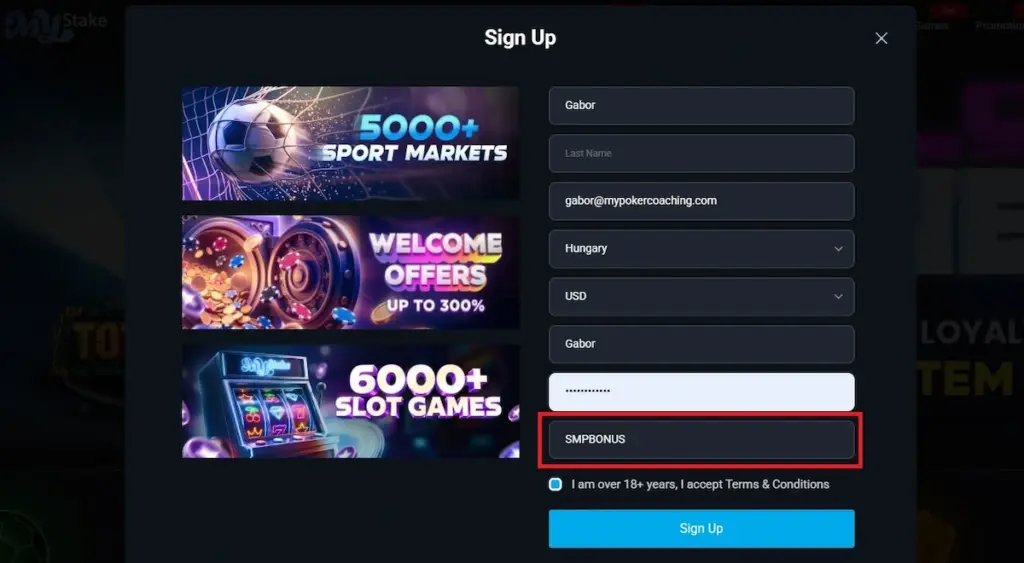 MyStake Casino registration form with bonus code SMPBONUS entered in the highlighted promo code field.