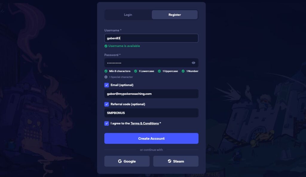 Duel Casino registration form with SMPBONUS entered in the optional referral-code field above the Create Account button.