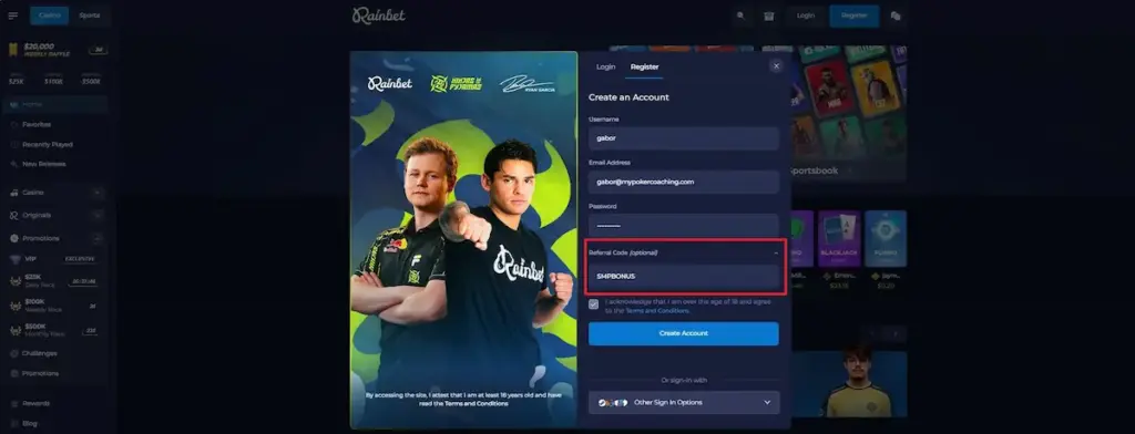 Rainbet registration form with SMPBONUS entered in the optional Referral Code field, highlighted in red above Create Account.