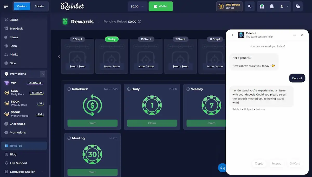 Rainbet rewards dashboard with rakeback, daily, weekly and monthly cards beside a support chat about deposit methods.
