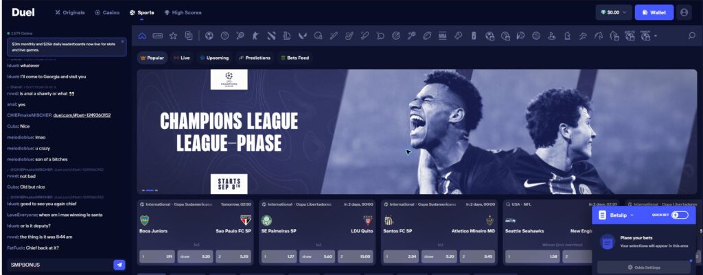 Duel Casino sportsbook showing upcoming fixtures, decimal odds, sports navigation and an empty betslip.