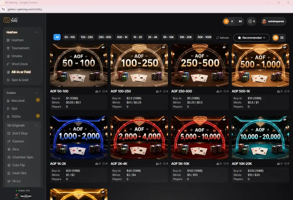 Titi Poker All-in or Fold lobby showing 10 BB buy-ins across multiple stakes