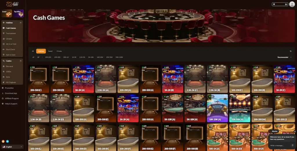 Titi Poker cash games lobby showing active Hold'em tables