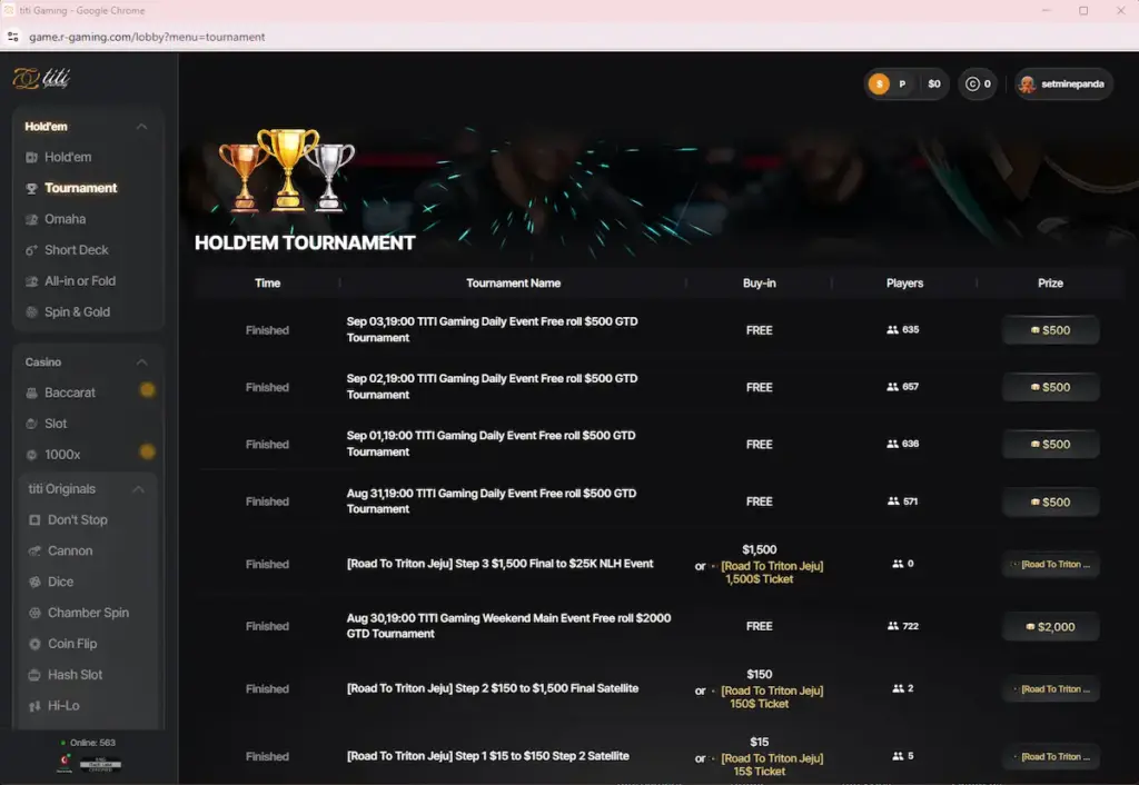 Titi Poker tournament lobby showing daily freerolls and Road to Triton satellites