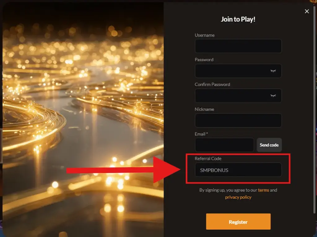 Titi Poker registration page showing the SMPBONUS referral code