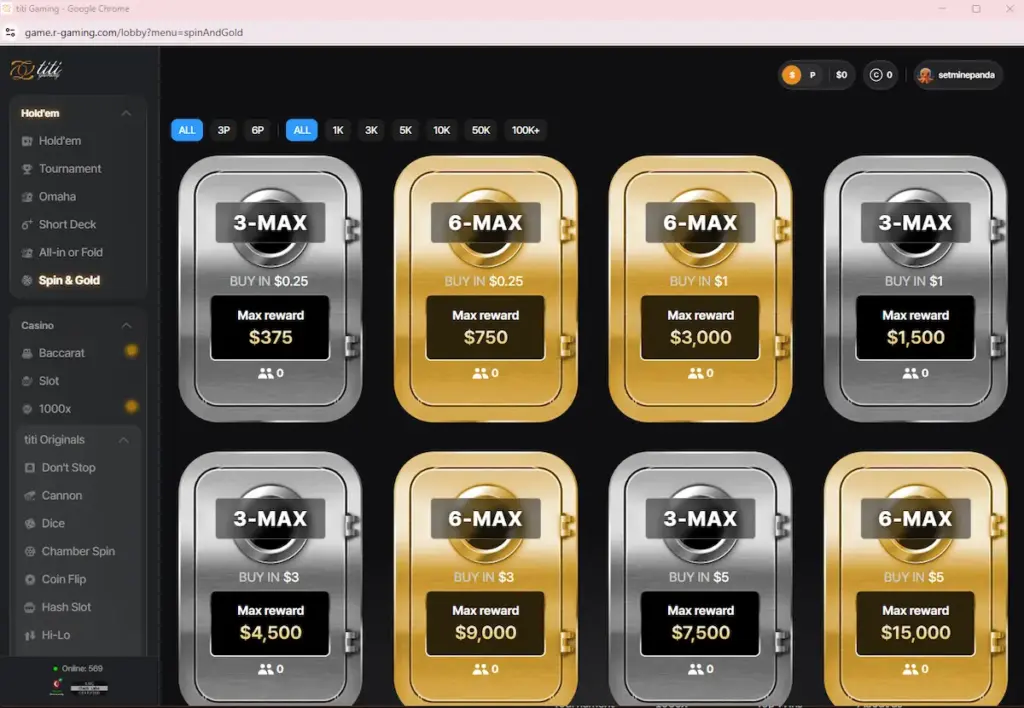Titi Poker Spin & Gold lobby showing 3-max and 6-max games