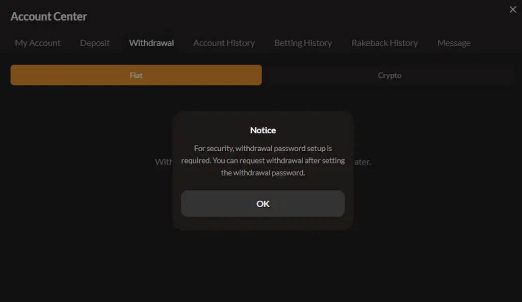 Titi Poker withdrawal page requiring a separate withdrawal password