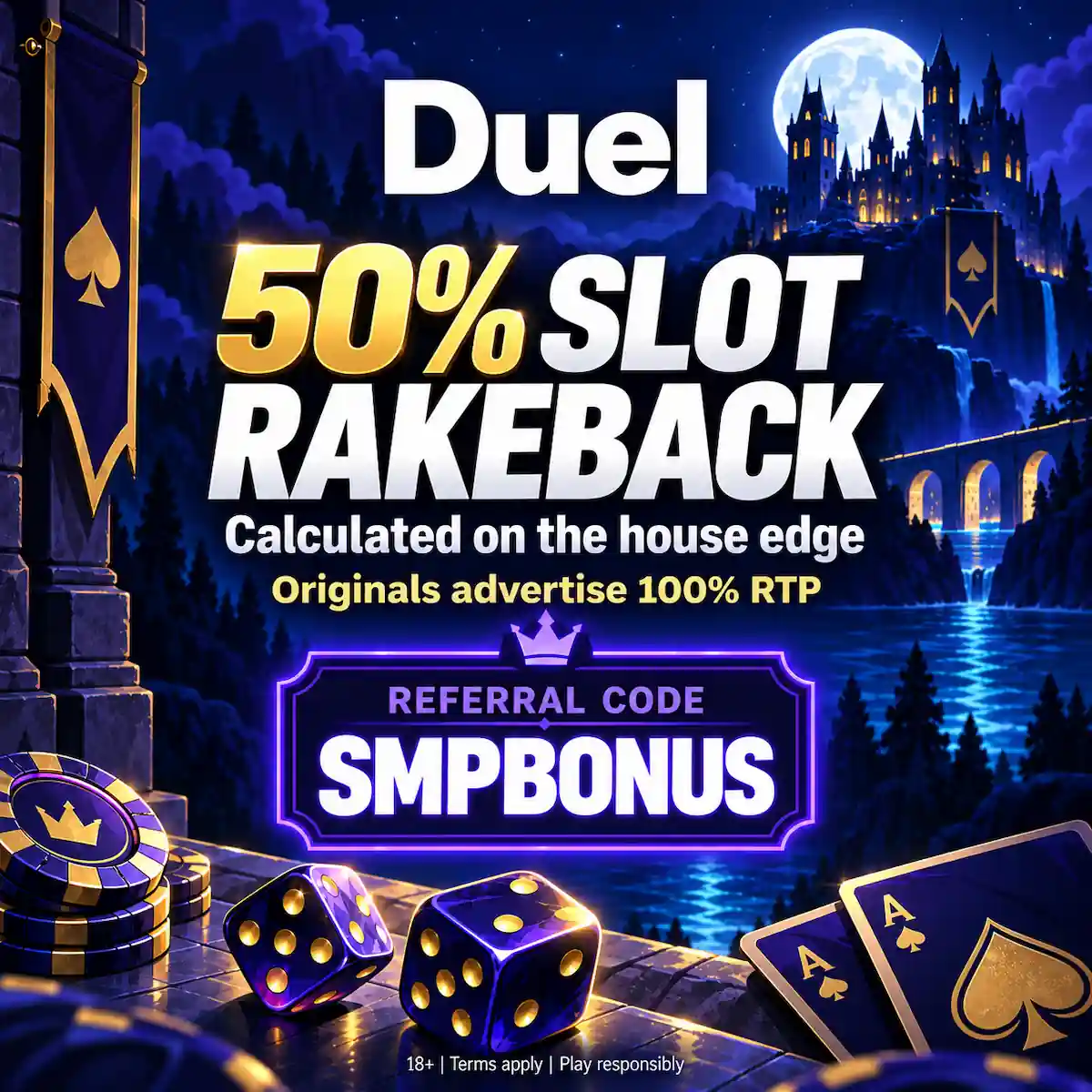 Square Duel Casino illustration showing referral code SMPBONUS and 50% slot rakeback against a blue and purple castle scene.