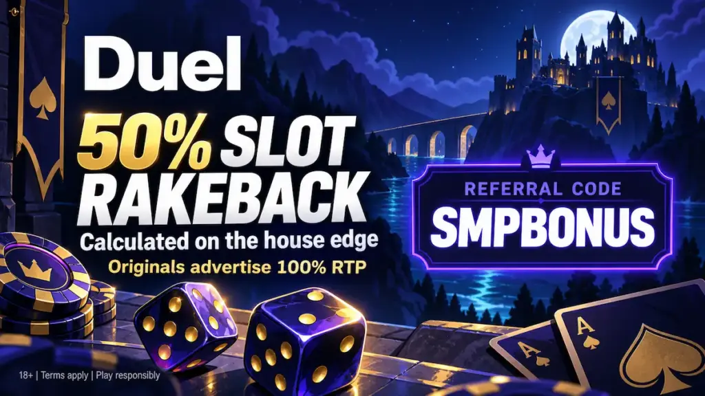 Duel Casino banner with SMPBONUS referral code, 50% slot rakeback wording and a purple cartoon castle background.