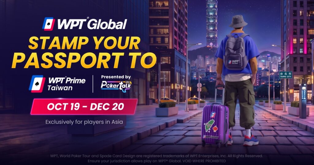 WPT Global Asia MTT Super Package promotional banner showing a traveler in Taipei with a suitcase and the October 19–December 20 campaign dates.