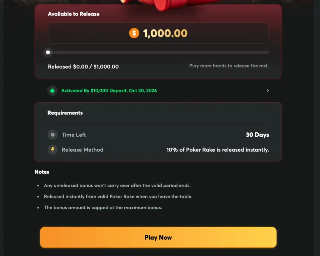 BCPoker deposit bonus release progress showing $1,000 in pending rewards and the 30-day release period