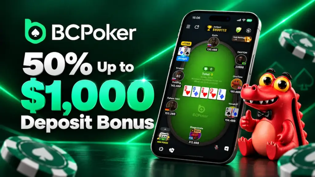 BCPoker new 50% deposit bonus up to $1,000, featuring the poker app and mascot