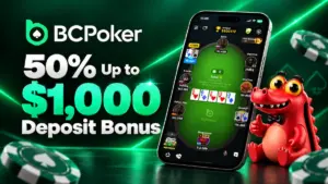 BCPoker new 50% deposit bonus up to $1,000, featuring the poker app and mascot