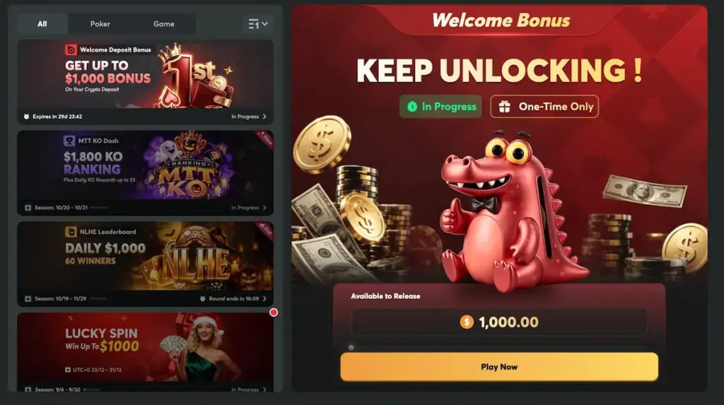 BCPoker Welcome Deposit Bonus dashboard showing a $1,000 bonus available to unlock