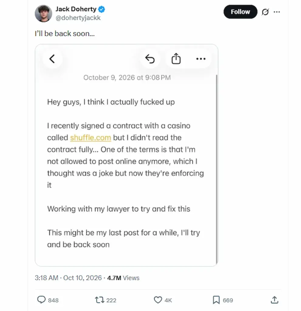 Screenshot of Jack Doherty's X post claiming his Shuffle.com casino contract prevents him from posting online.