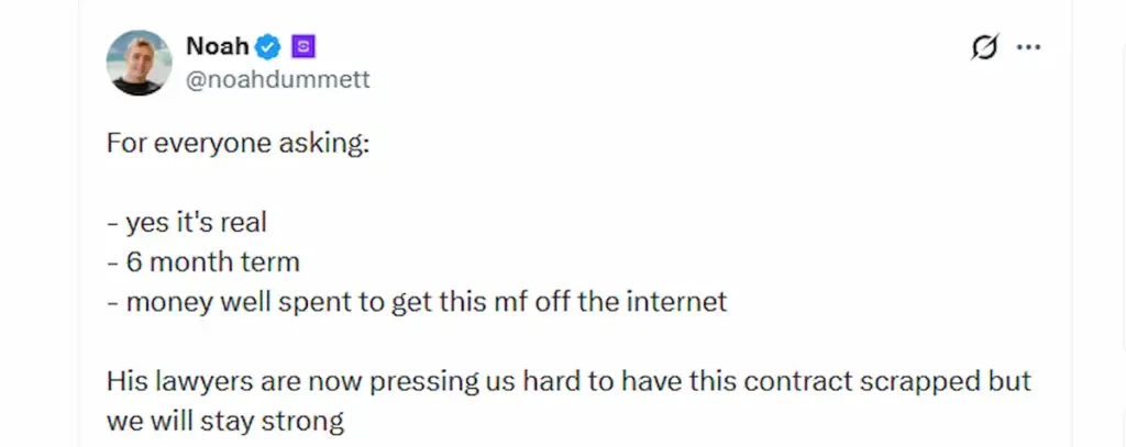Screenshot of Noah Dummett's X post claiming Jack Doherty's Shuffle contract is real and lasts six months.