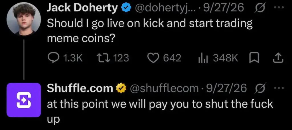Screenshot of Shuffle.com's X reply to Jack Doherty offering to pay him to stay silent after his meme coin trading post.