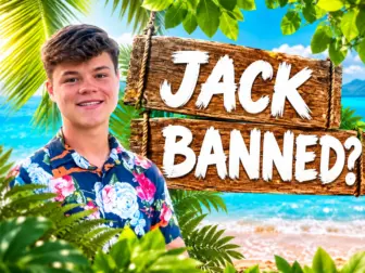 Jack Doherty pictured beside a wooden sign reading “JACK BANNED?” in a tropical-themed illustration.