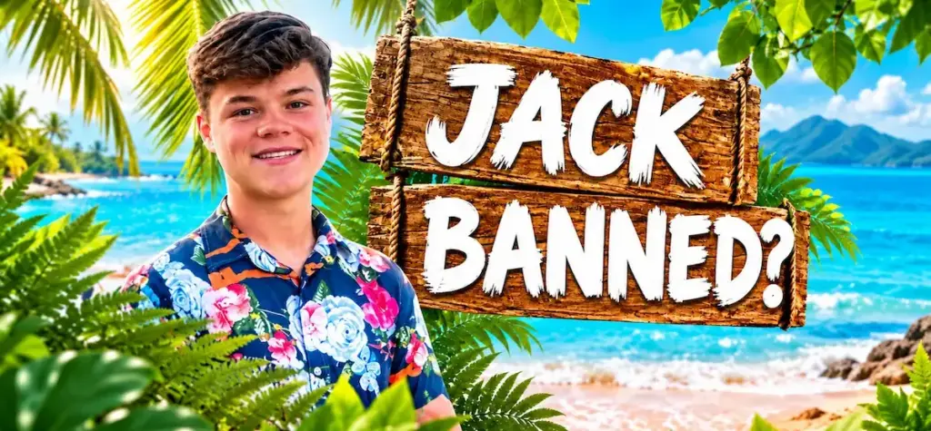 Jack Doherty pictured beside a wooden sign reading “JACK BANNED?” in a tropical-themed illustration.