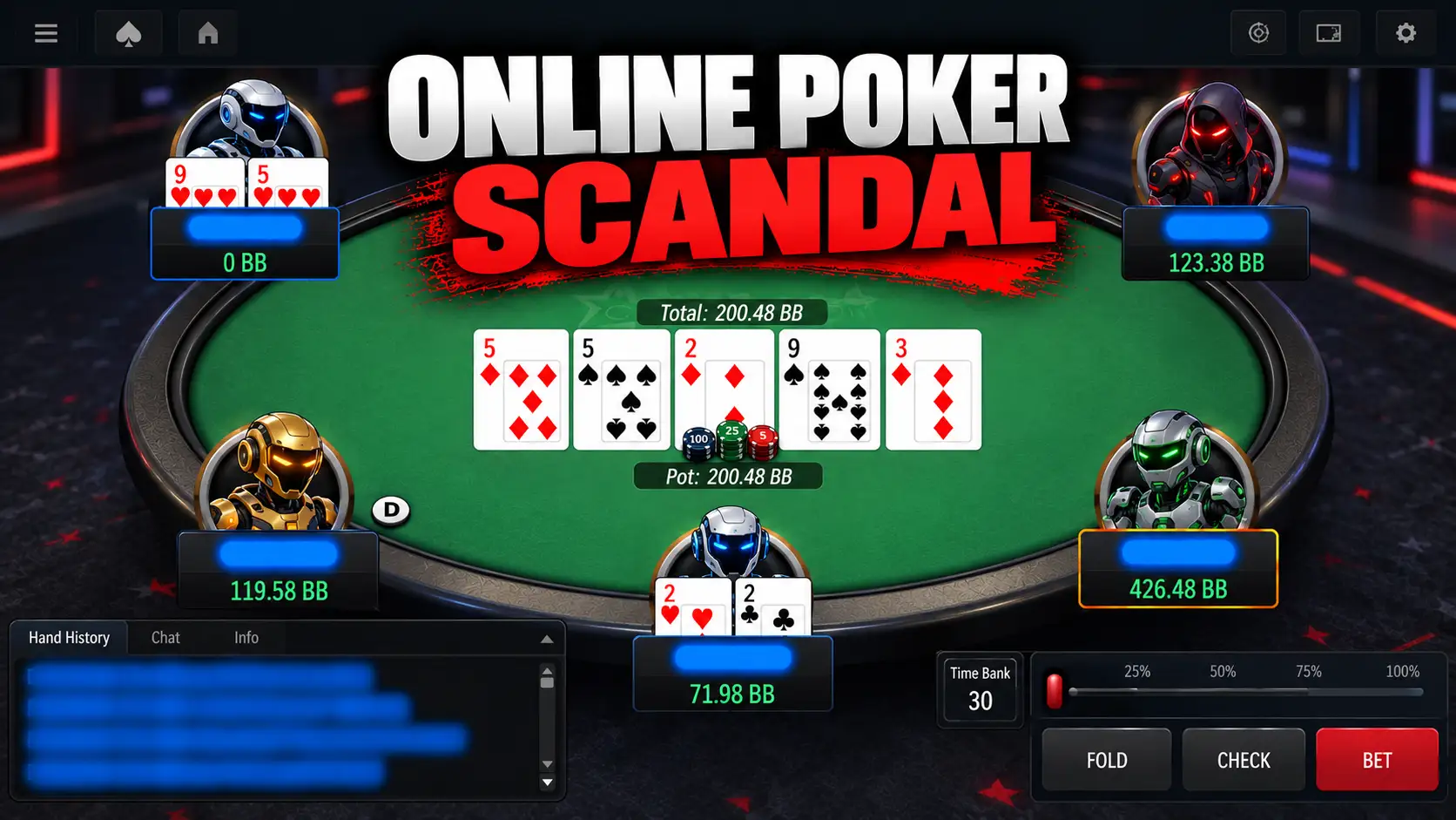 Online poker table illustrating a high-stakes poker scandal and potential cheating